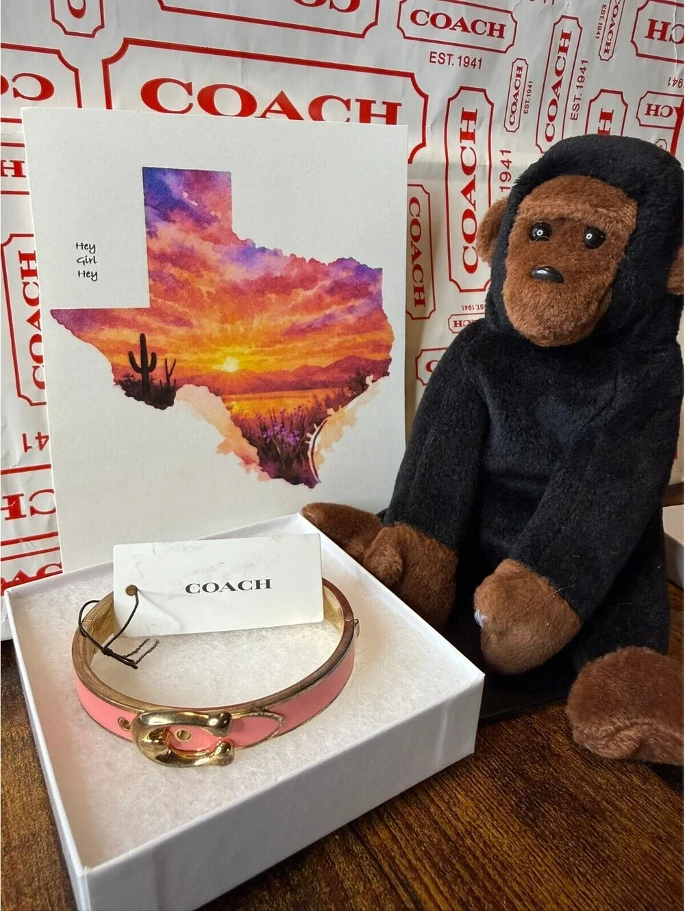 Coach Enamel Hinge Buckle Bangle Bracelet Pink Gold Tone NWT